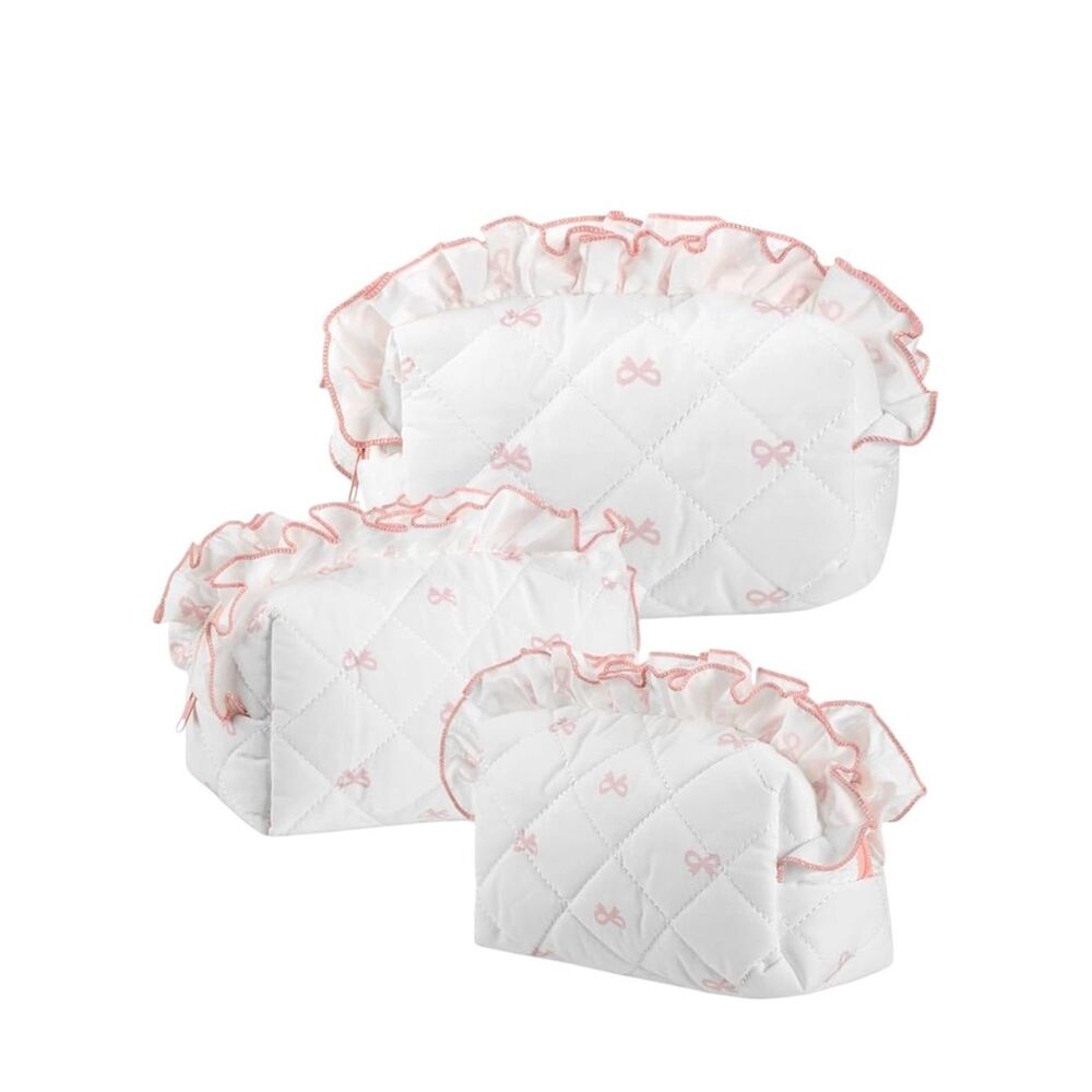 NEW 3 Pcs Coquette Pink Bow Quilted Makeup Bag Set
